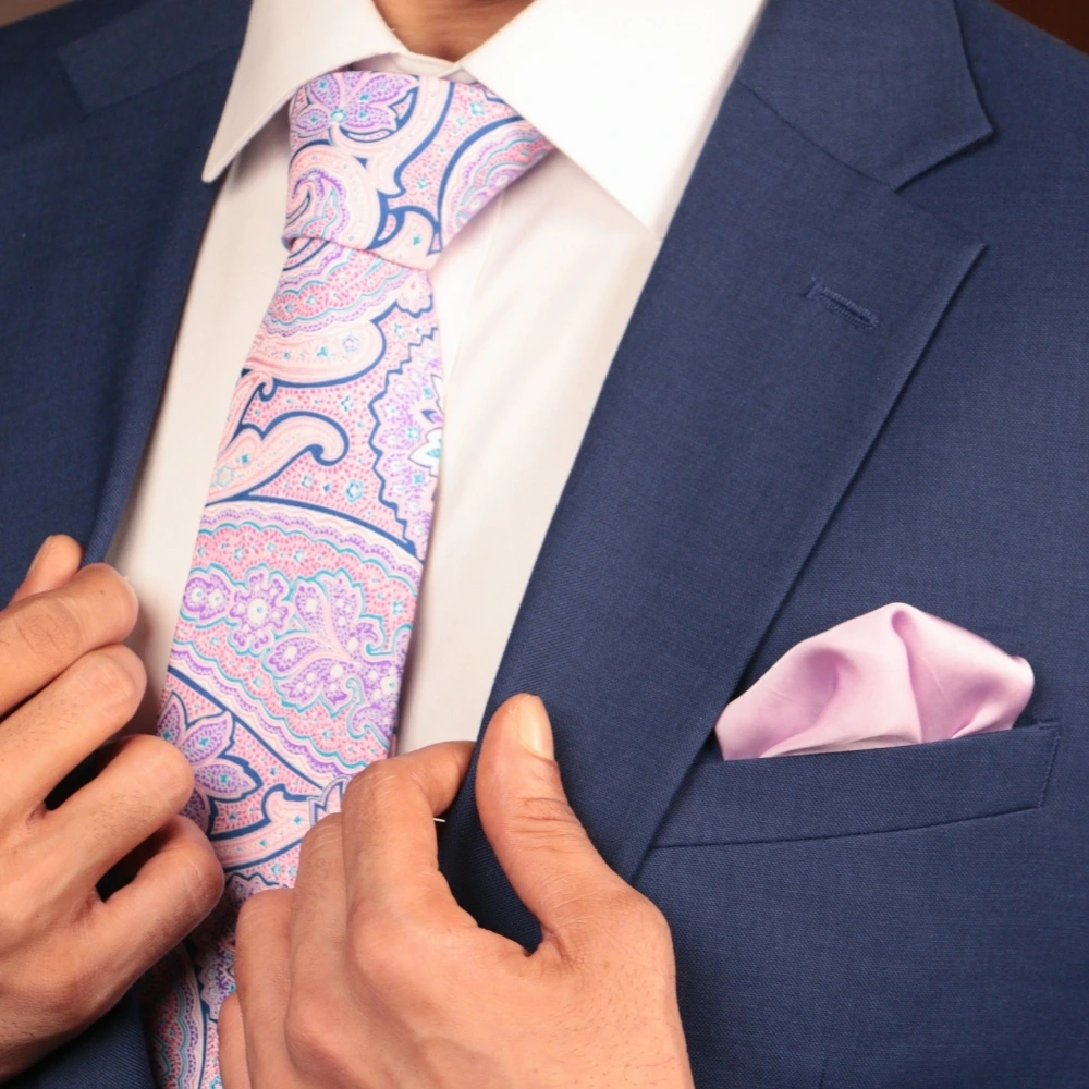 Pink and Blue Paisley Silk Necktie with Pink Pocket Square Combo - Printed Design for Men
