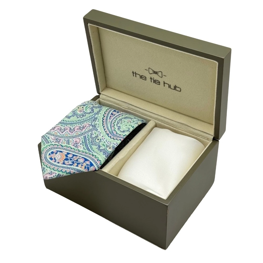 Green and Blue Paisley Silk Necktie with White Pocket Square Combo - Printed Design for Men