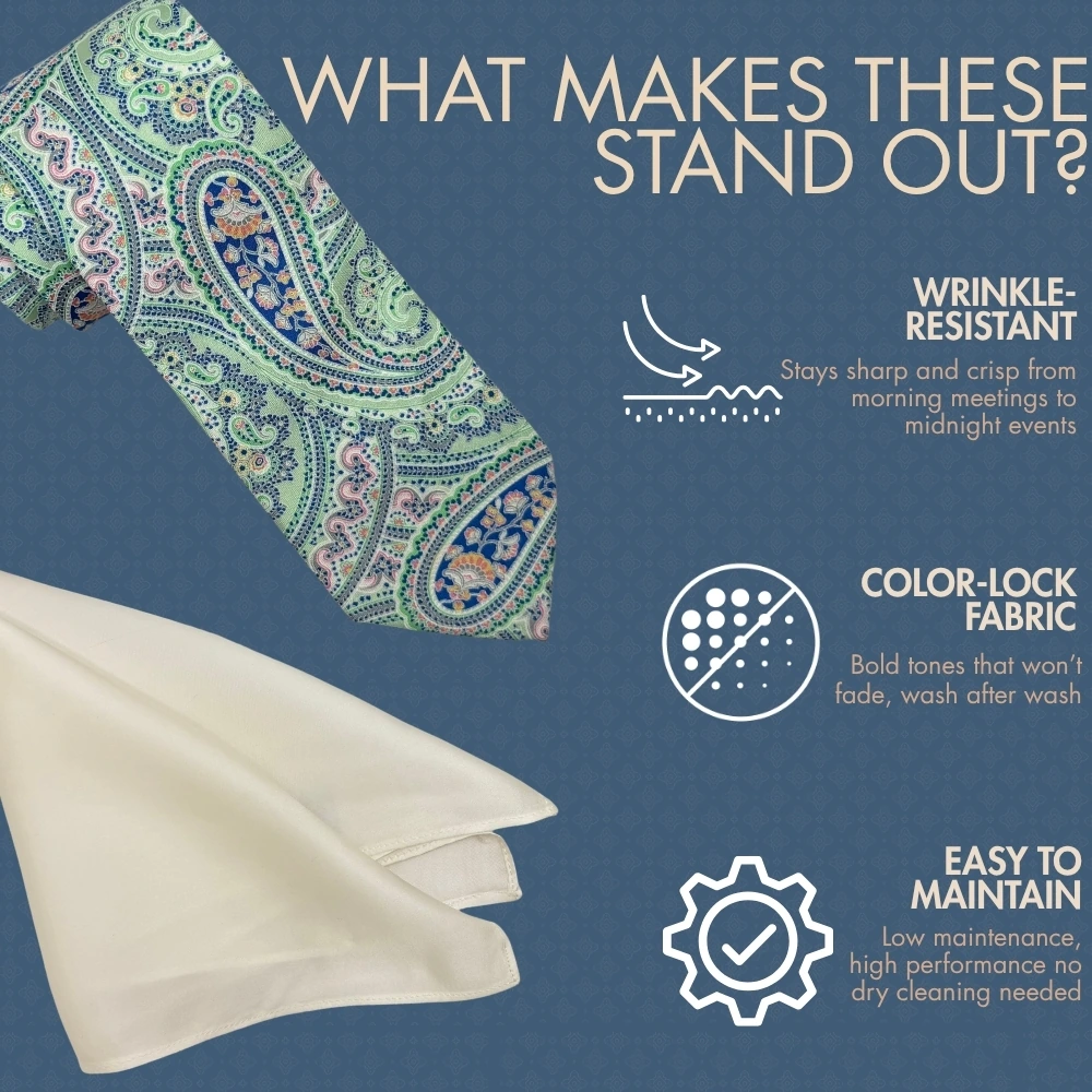 Green and Blue Paisley Silk Necktie with White Pocket Square Combo - Printed Design for Men