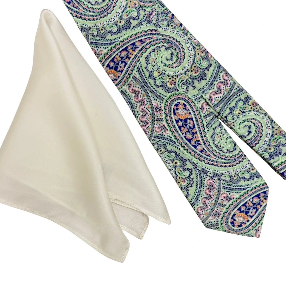 Green and Blue Paisley Silk Necktie with White Pocket Square Combo - Printed Design for Men