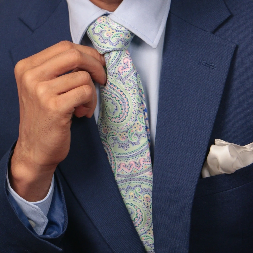 Green and Blue Paisley Silk Necktie with White Pocket Square Combo - Printed Design for Men