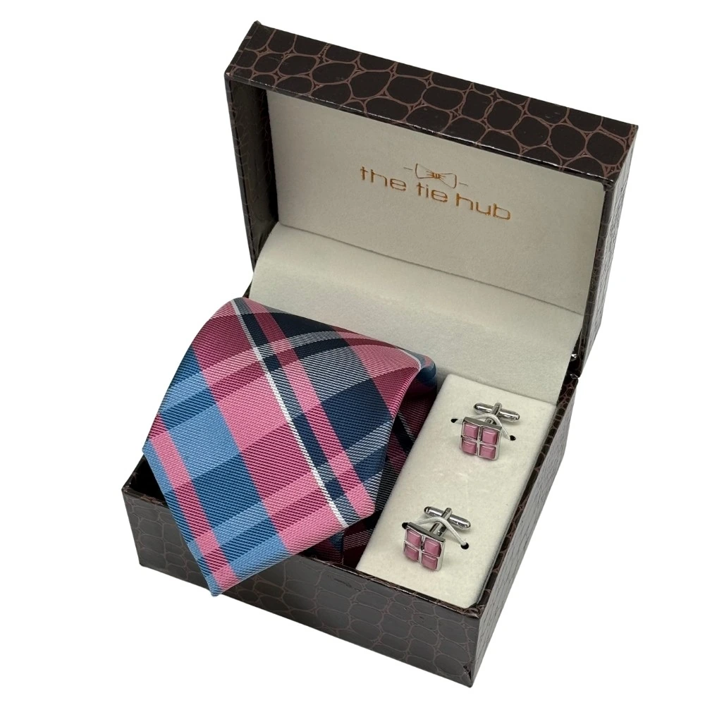 Blue and Pink Checkered Necktie with Pink Grid Cufflinks Combo for Men