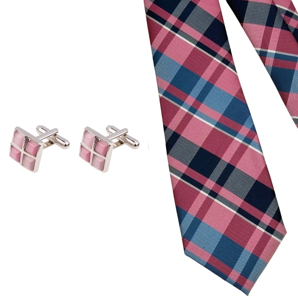 Blue and Pink Checkered Necktie with Pink Grid Cufflinks Combo for Men