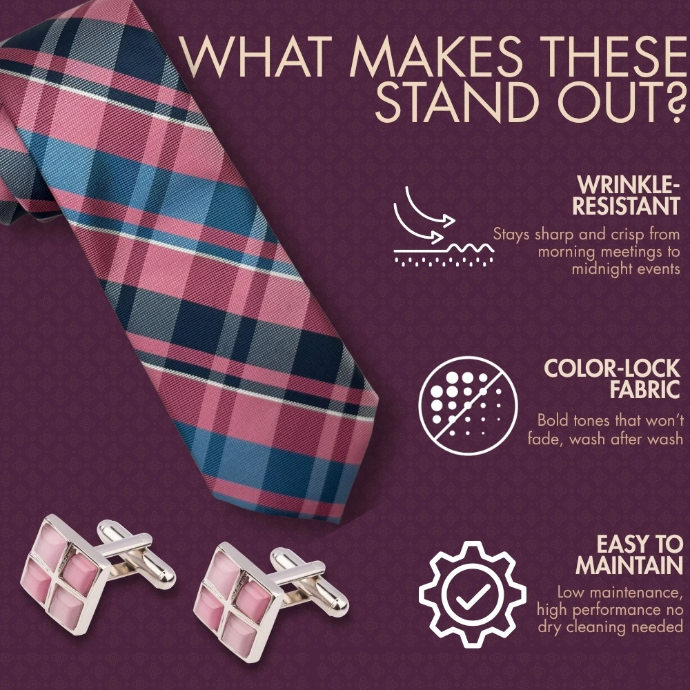 Blue and Pink Checkered Necktie with Pink Grid Cufflinks Combo for Men