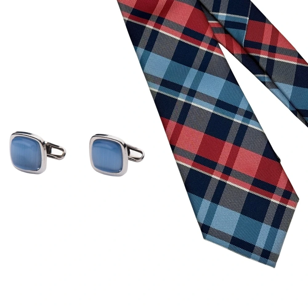 Blue and Pink Checkered Necktie with Blue Square Cufflinks Combo for Men