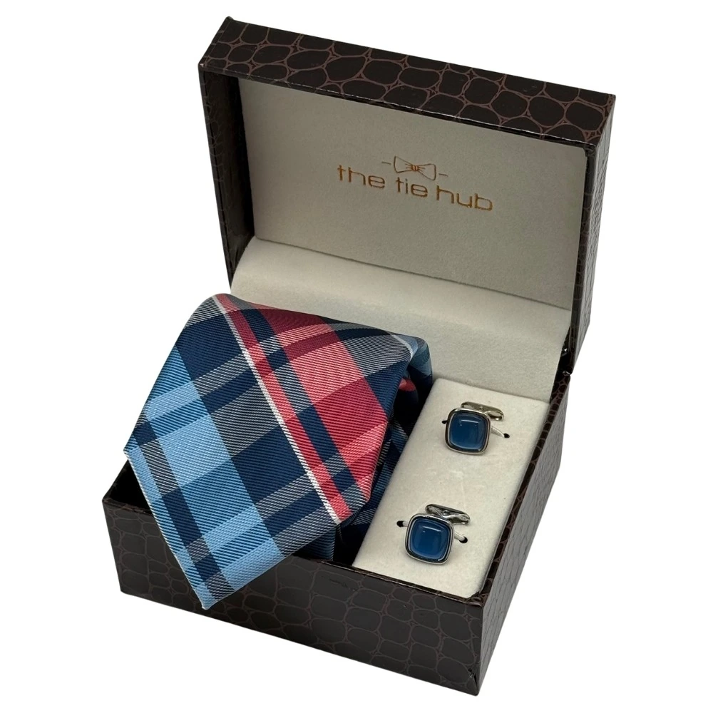 Blue and Pink Checkered Necktie with Blue Square Cufflinks Combo for Men