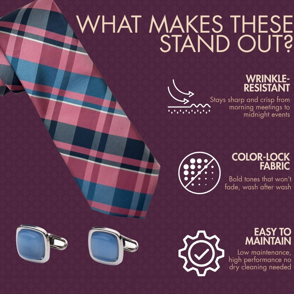 Blue and Pink Checkered Necktie with Blue Square Cufflinks Combo for Men
