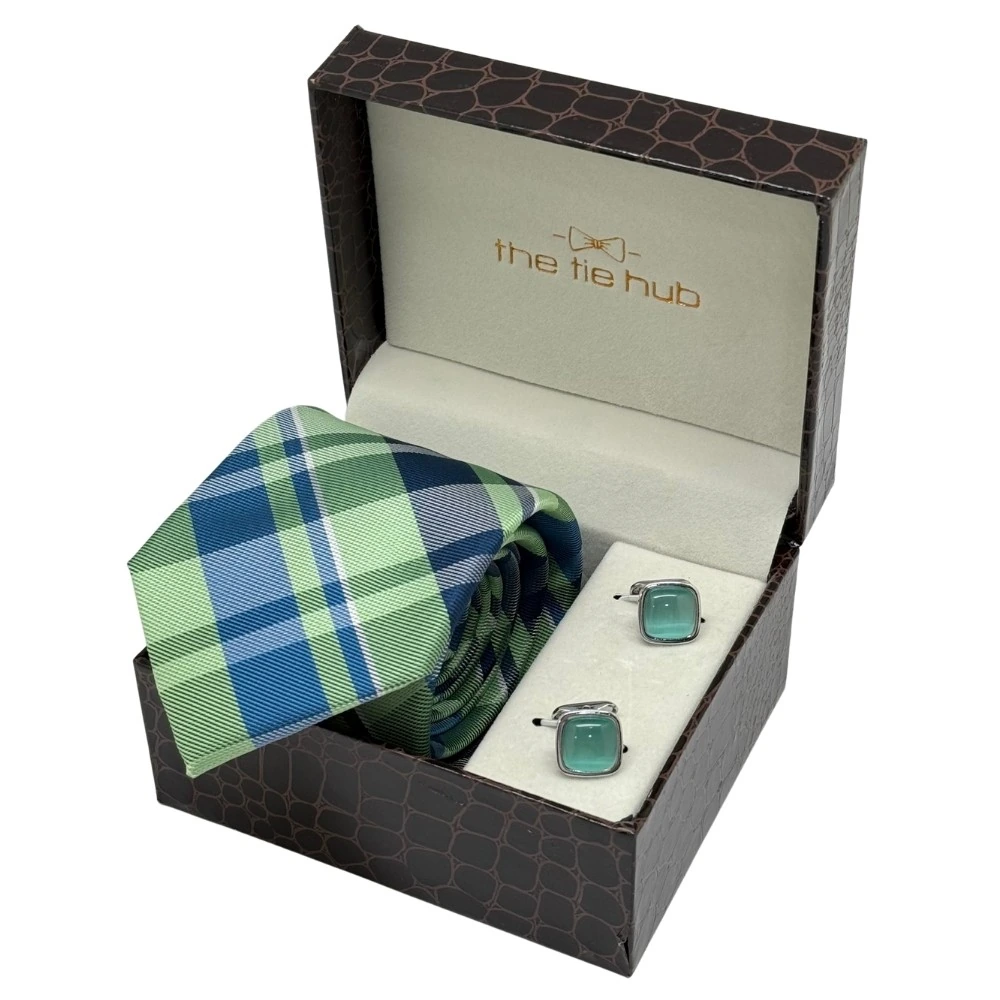 Green and Blue Checkered Necktie with Aqua Square Cufflinks Combo for Men