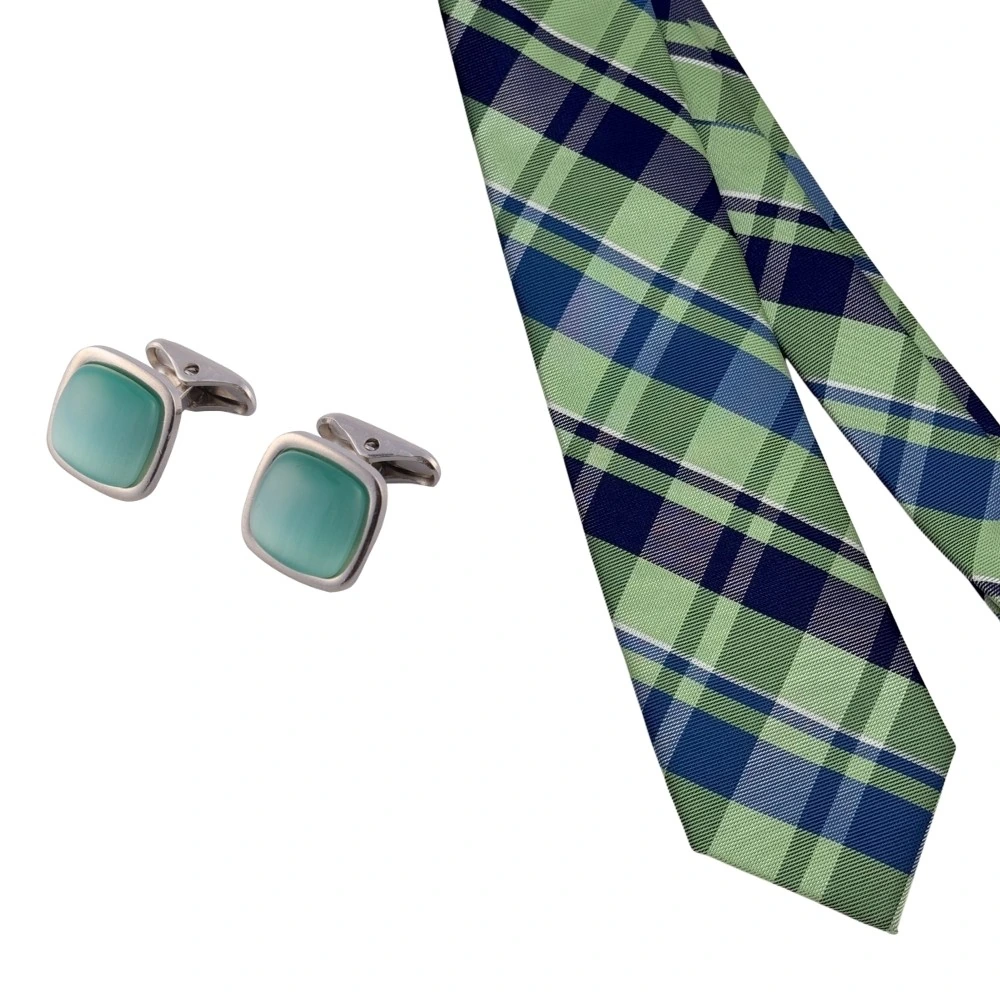 Green and Blue Checkered Necktie with Aqua Square Cufflinks Combo for Men
