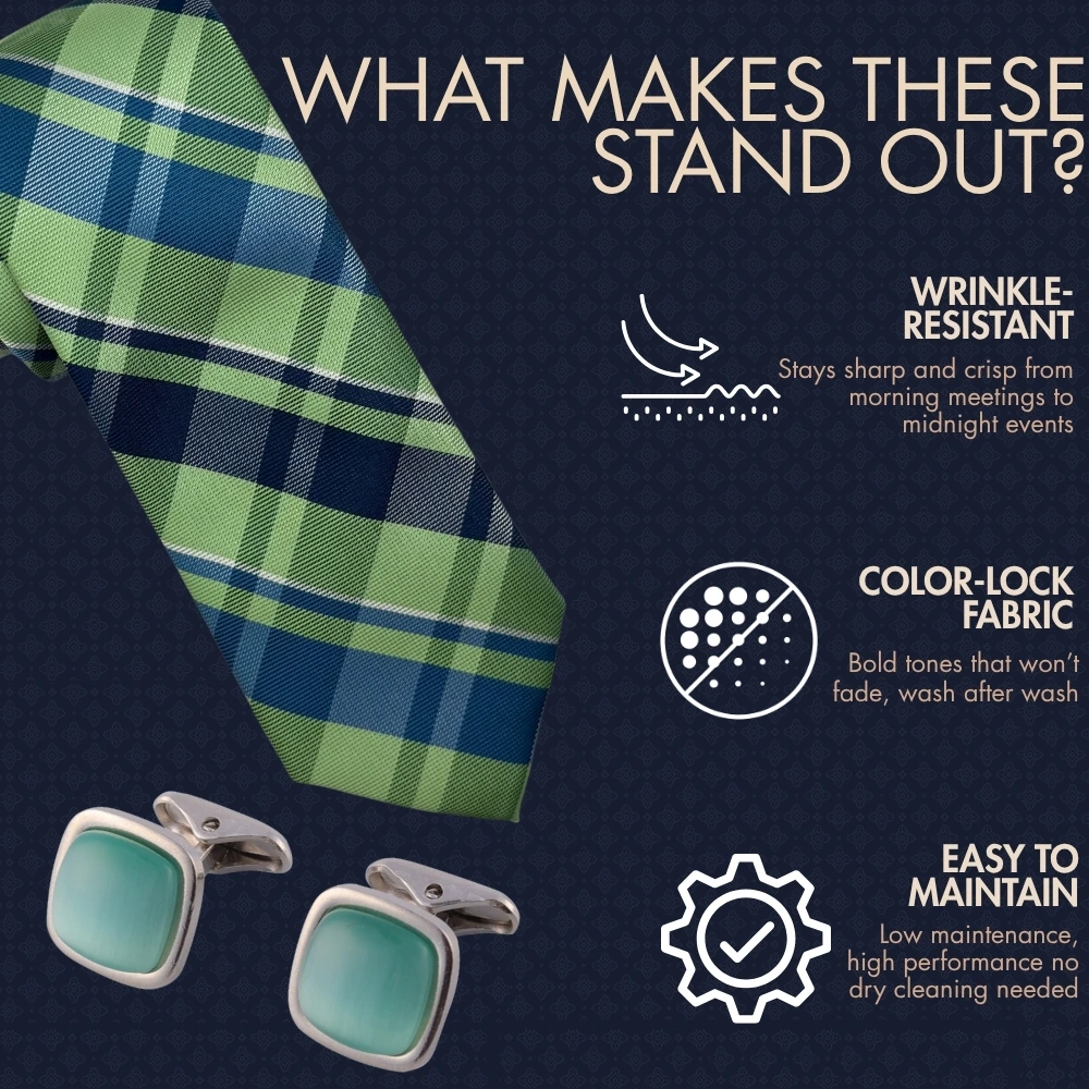 Green and Blue Checkered Necktie with Aqua Square Cufflinks Combo for Men