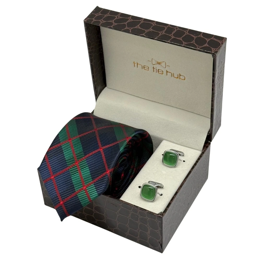 Navy Blue and Green Checkered Necktie with Green Square Cufflinks Combo for Men