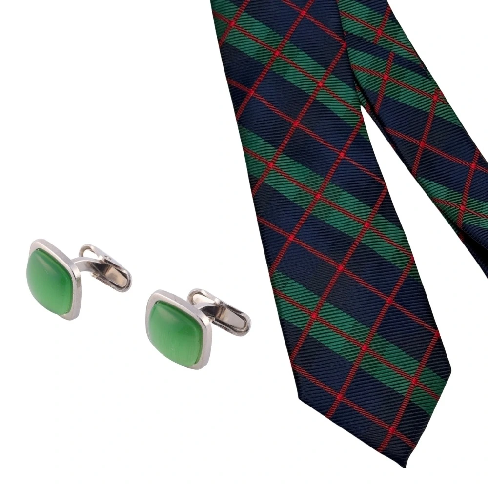 Navy Blue and Green Checkered Necktie with Green Square Cufflinks Combo for Men