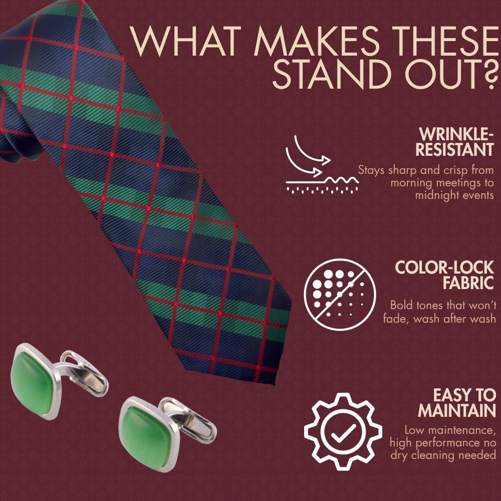 Navy Blue and Green Checkered Necktie with Green Square Cufflinks Combo for Men
