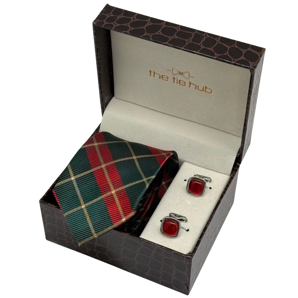 Green and Red Checkered Necktie with Red Square Cufflinks Combo for Men