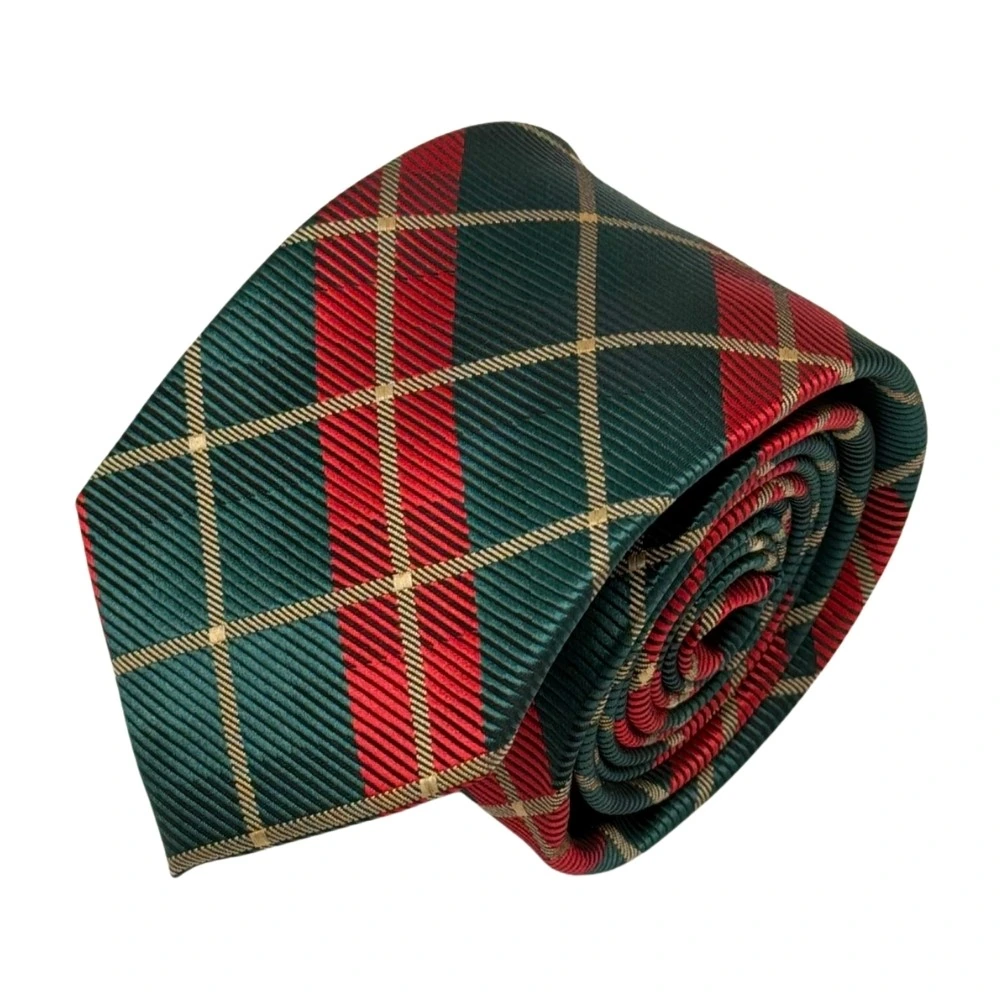 Green and Red Checkered Necktie with Red Square Cufflinks Combo for Men