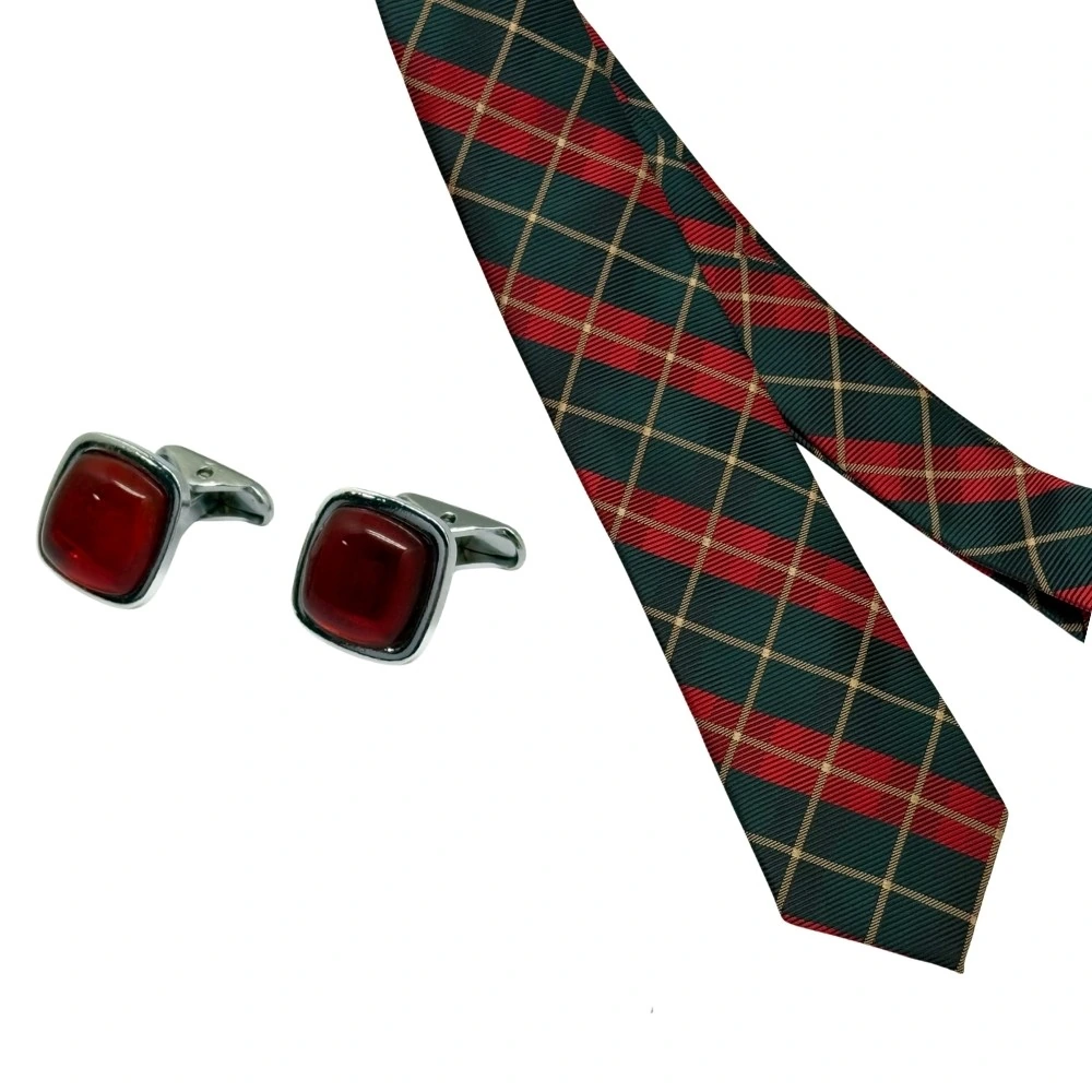 Green and Red Checkered Necktie with Red Square Cufflinks Combo for Men