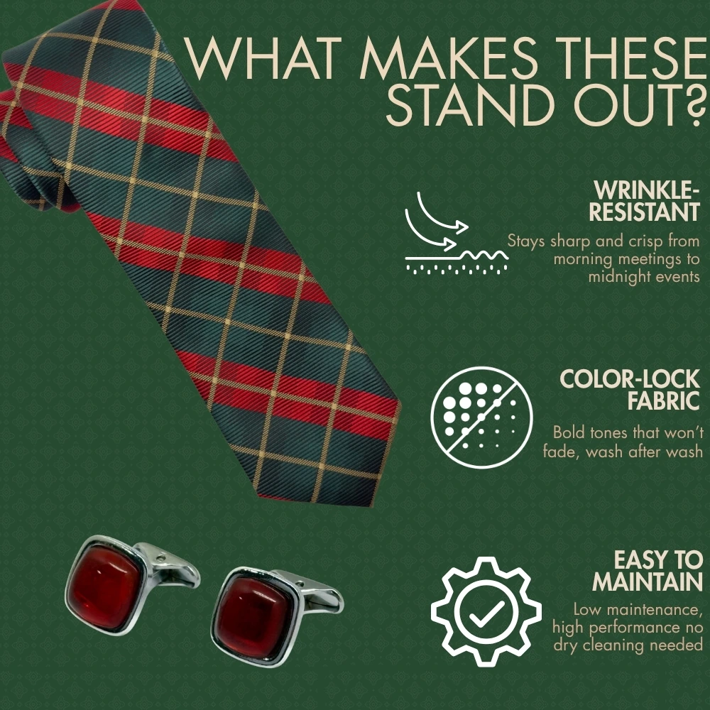 Green and Red Checkered Necktie with Red Square Cufflinks Combo for Men