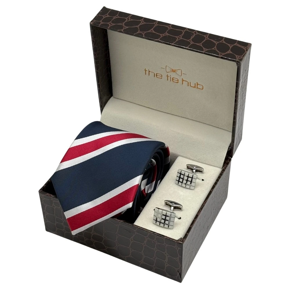 Navy Blue and Maroon Stripes Necktie with White Grid Cufflinks Combo for Men