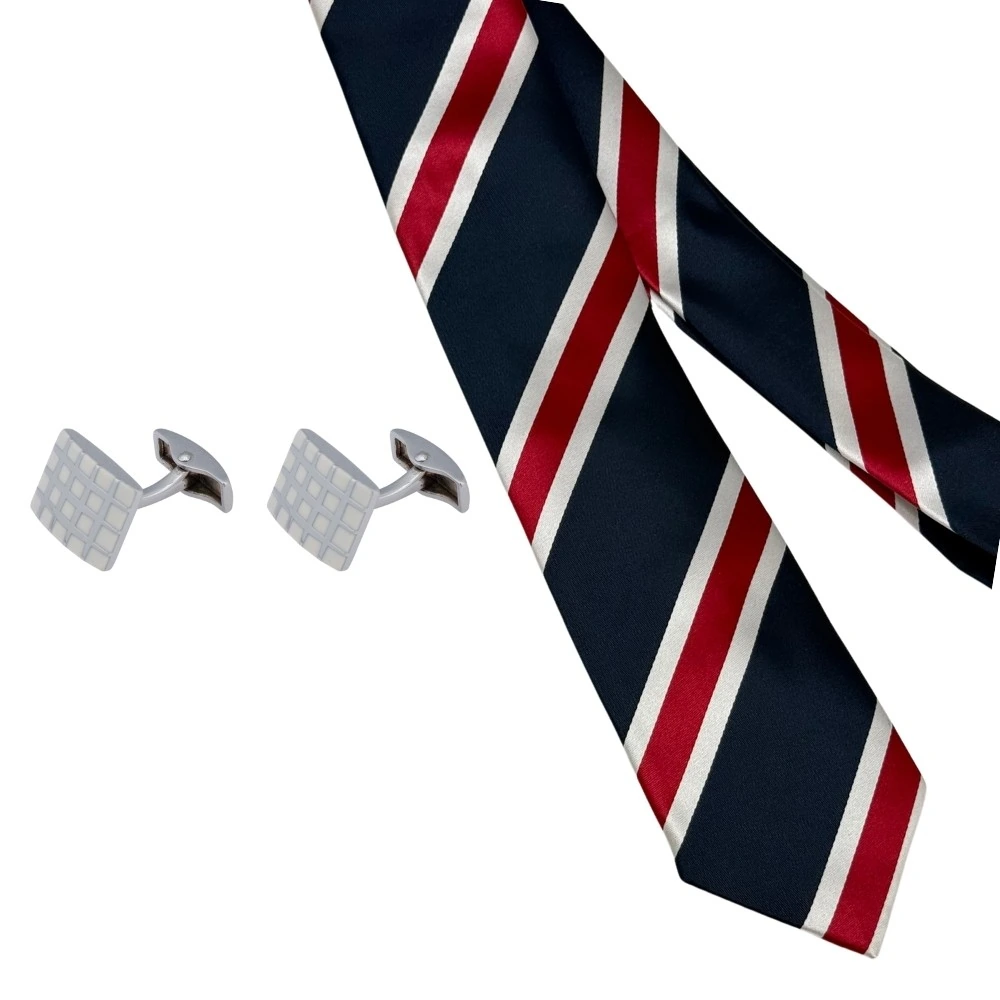 Navy Blue and Maroon Stripes Necktie with White Grid Cufflinks Combo for Men