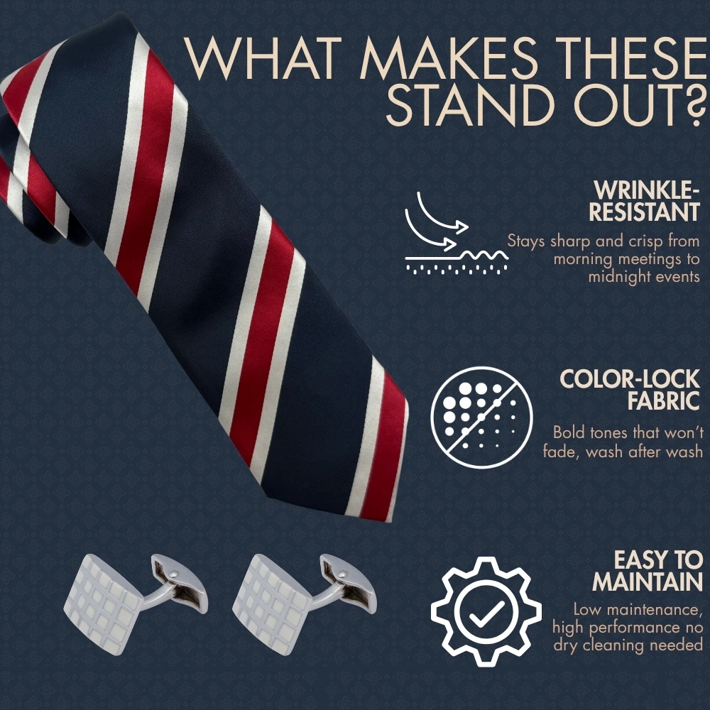 Navy Blue and Maroon Stripes Necktie with White Grid Cufflinks Combo for Men