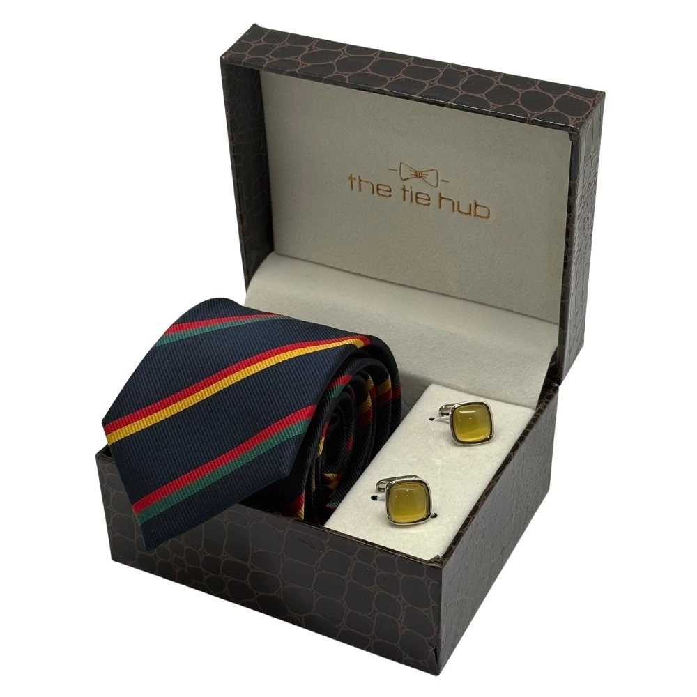 Navy Blue Multicolor Stripes Necktie with Yellow Cufflinks Combo for Men