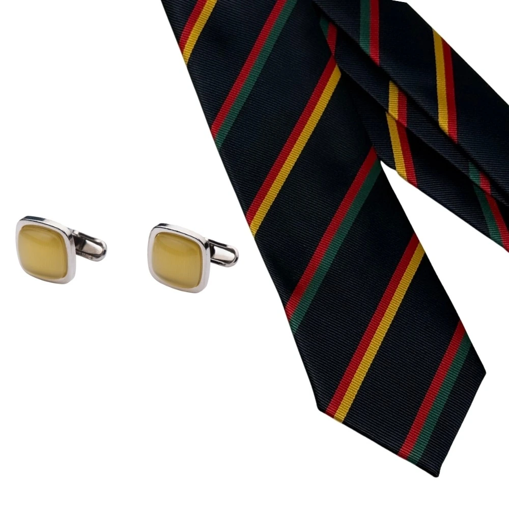 Navy Blue Multicolor Stripes Necktie with Yellow Cufflinks Combo for Men