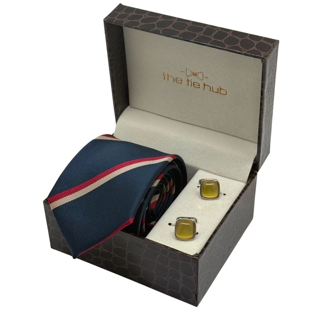 Navy Blue Stripes Necktie with Yellow Cufflinks Combo for Men