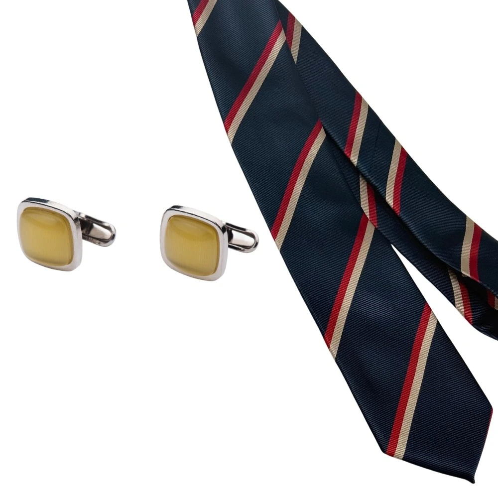 Navy Blue Stripes Necktie with Yellow Cufflinks Combo for Men