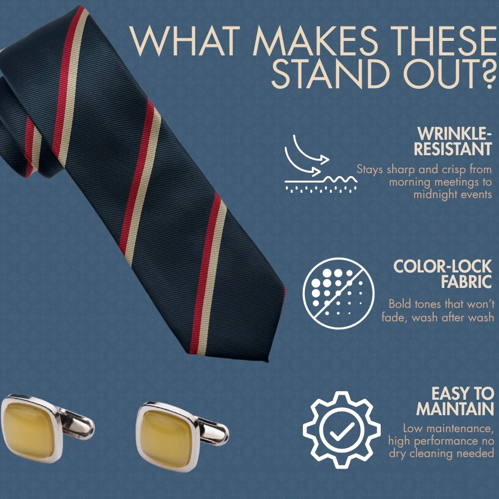 Navy Blue Stripes Necktie with Yellow Cufflinks Combo for Men