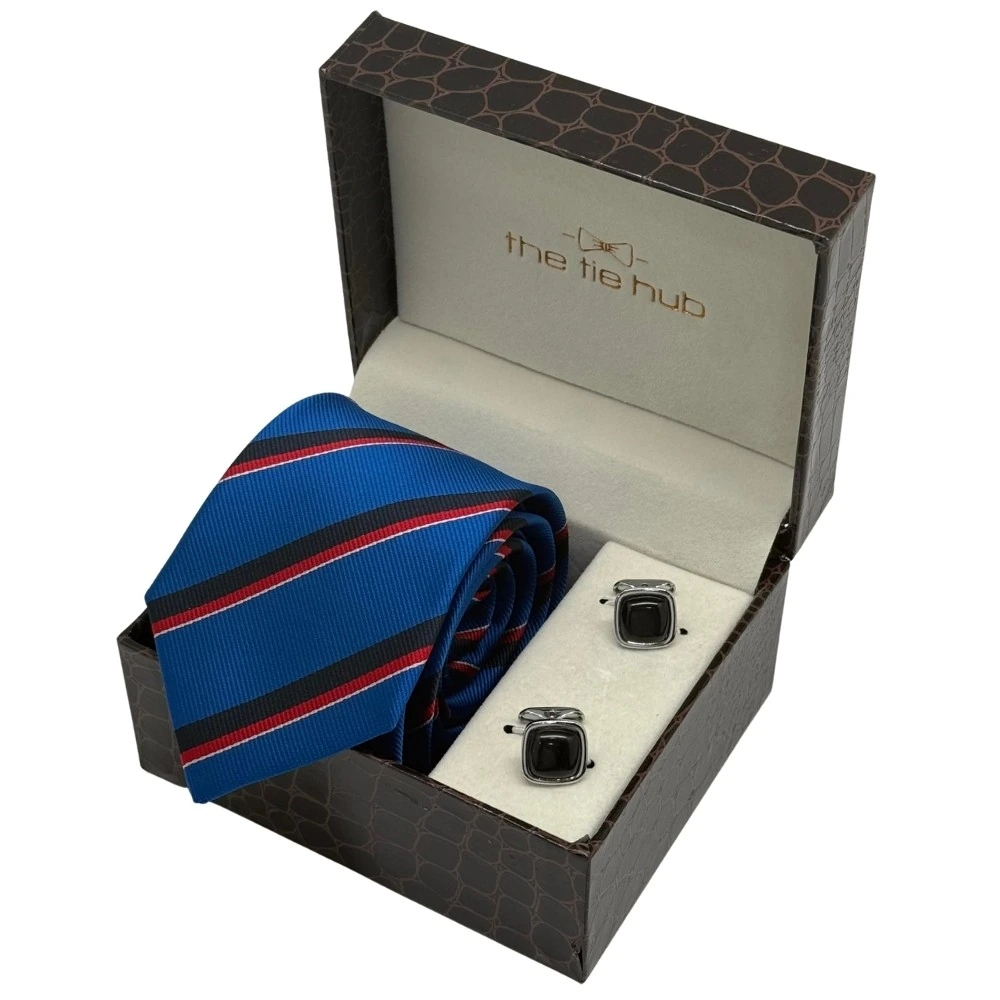 Royal Blue Stripes Necktie with Black Cufflinks Combo for Men