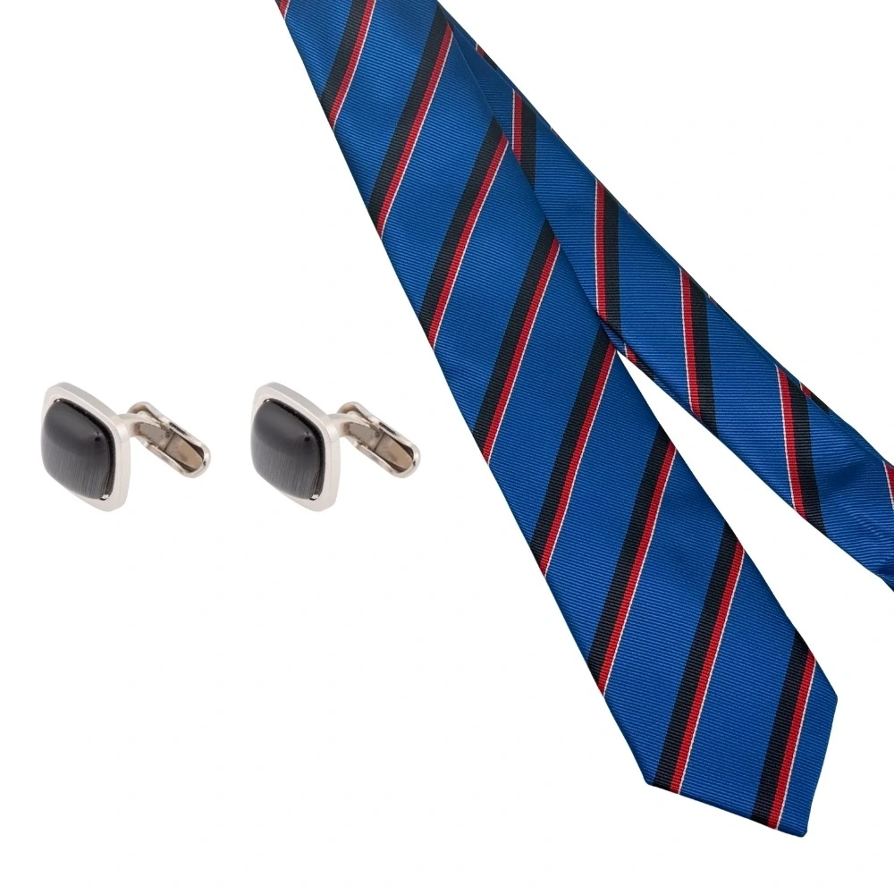 Royal Blue Stripes Necktie with Black Cufflinks Combo for Men