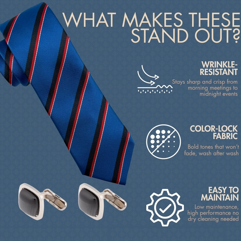 Royal Blue Stripes Necktie with Black Cufflinks Combo for Men