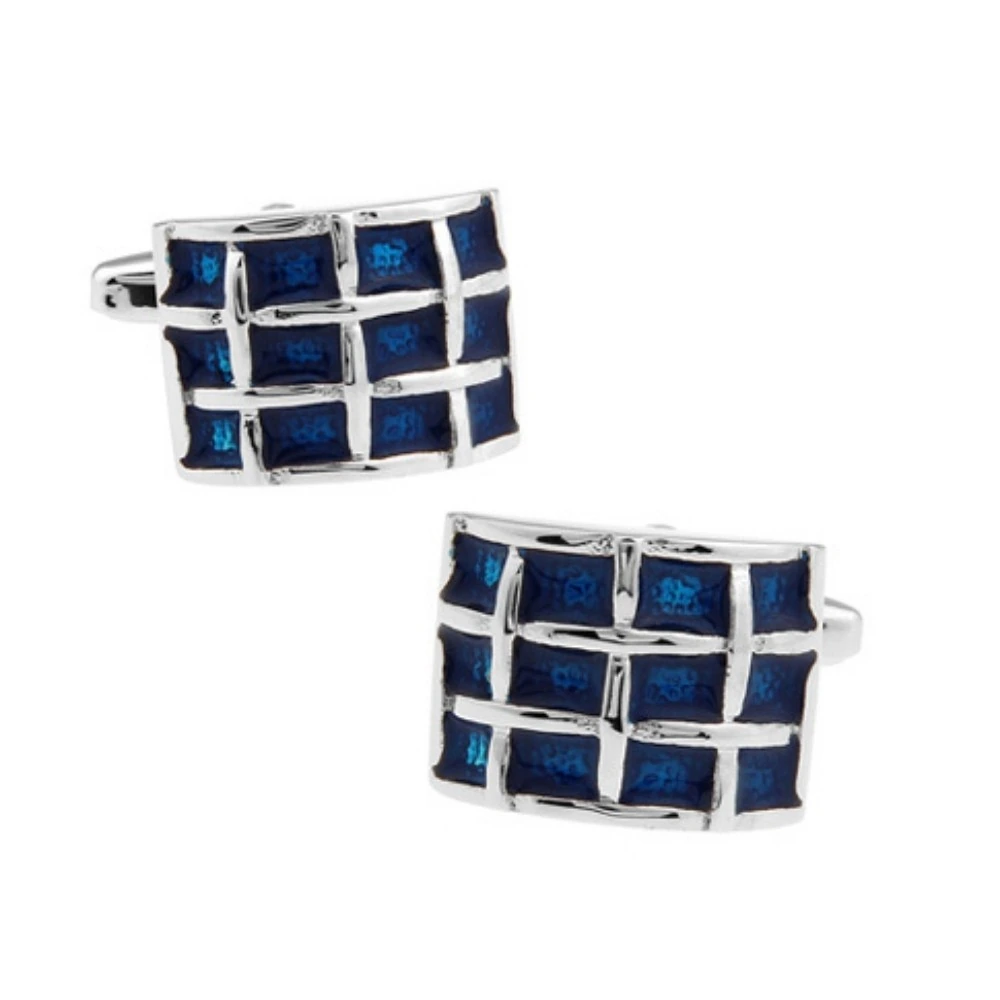 Navy Blue and Bronze Silk Necktie with Grid Cufflinks Combo - Stripe Design for Men
