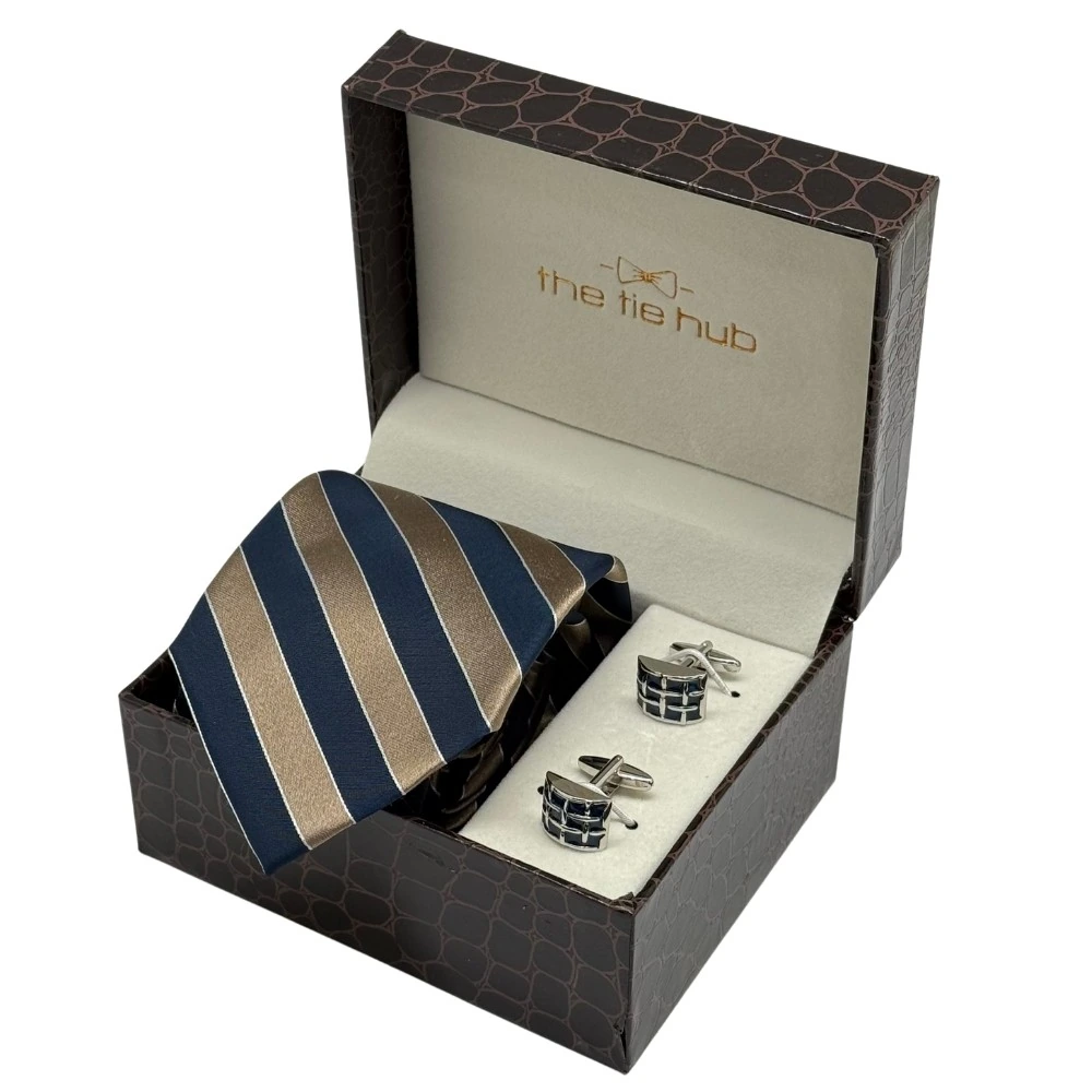 Navy Blue and Bronze Silk Necktie with Grid Cufflinks Combo - Stripe Design for Men