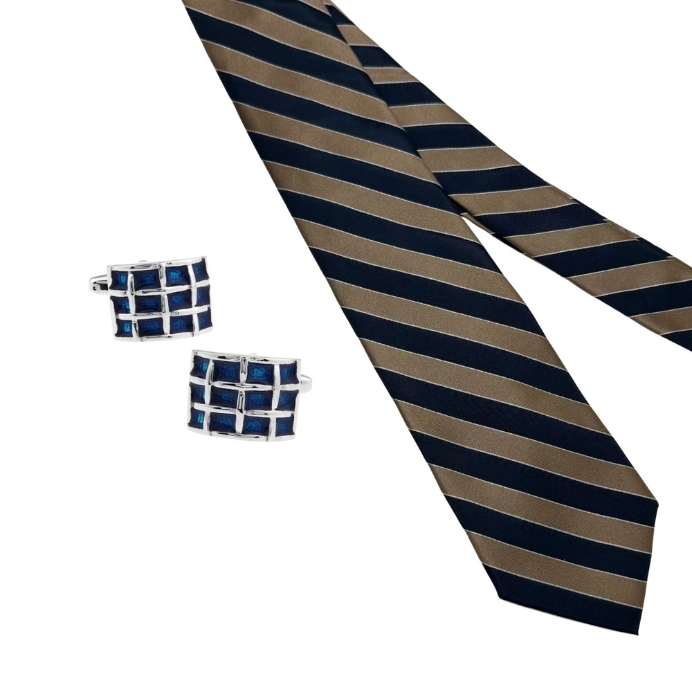 Navy Blue and Bronze Silk Necktie with Grid Cufflinks Combo - Stripe Design for Men