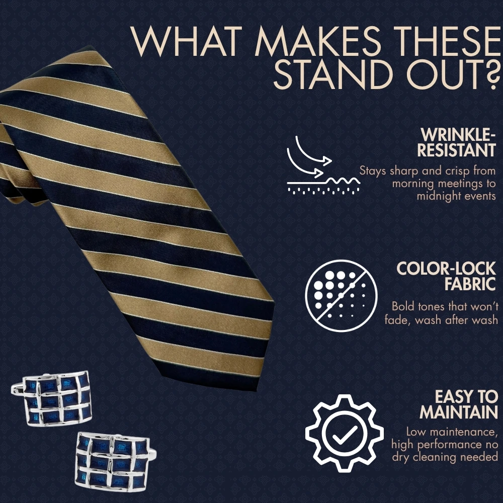 Navy Blue and Bronze Silk Necktie with Grid Cufflinks Combo - Stripe Design for Men