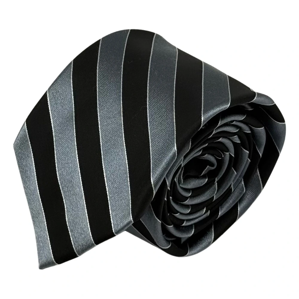 Black and Grey Silk Necktie with Black Cufflinks Combo - Stripe Design for Men
