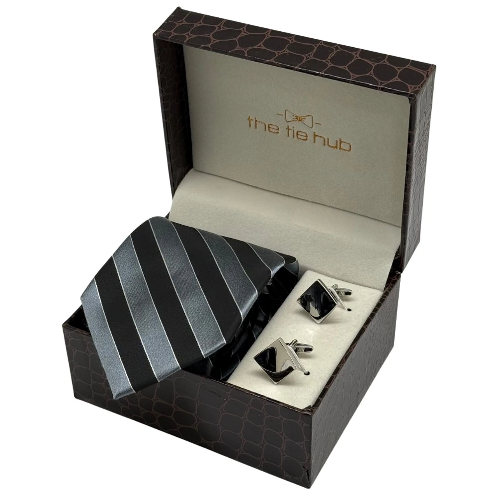 Black and Grey Silk Necktie with Black Cufflinks Combo - Stripe Design for Men