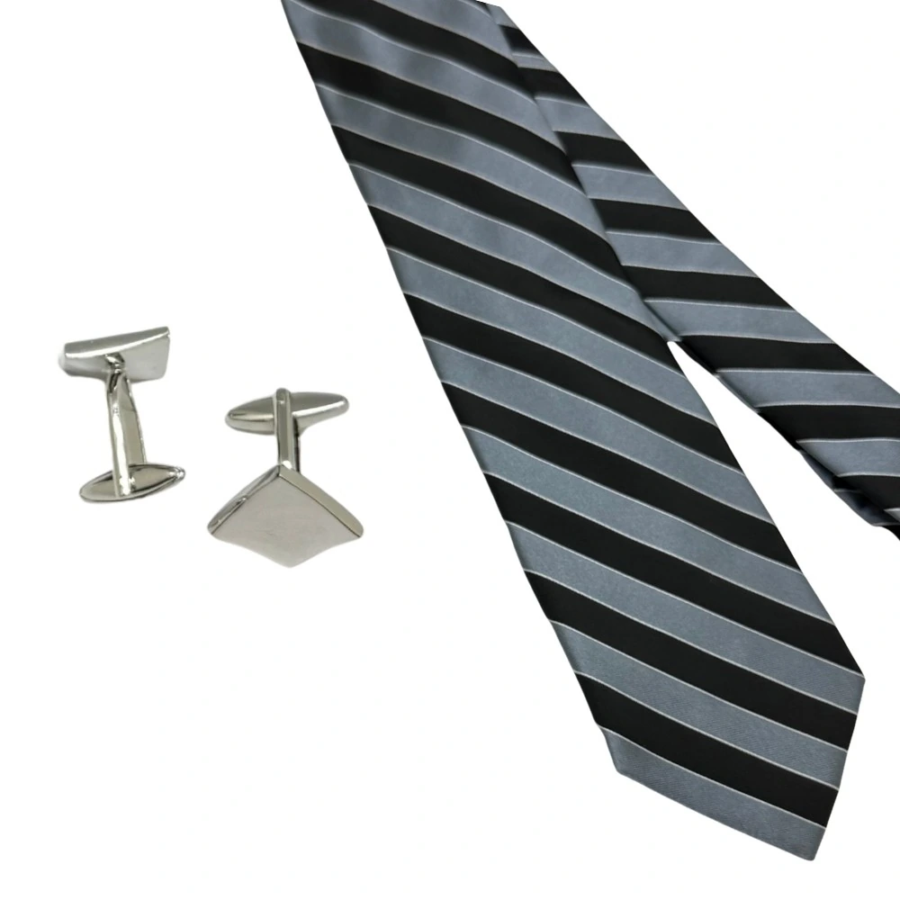 Black and Grey Silk Necktie with Black Cufflinks Combo - Stripe Design for Men