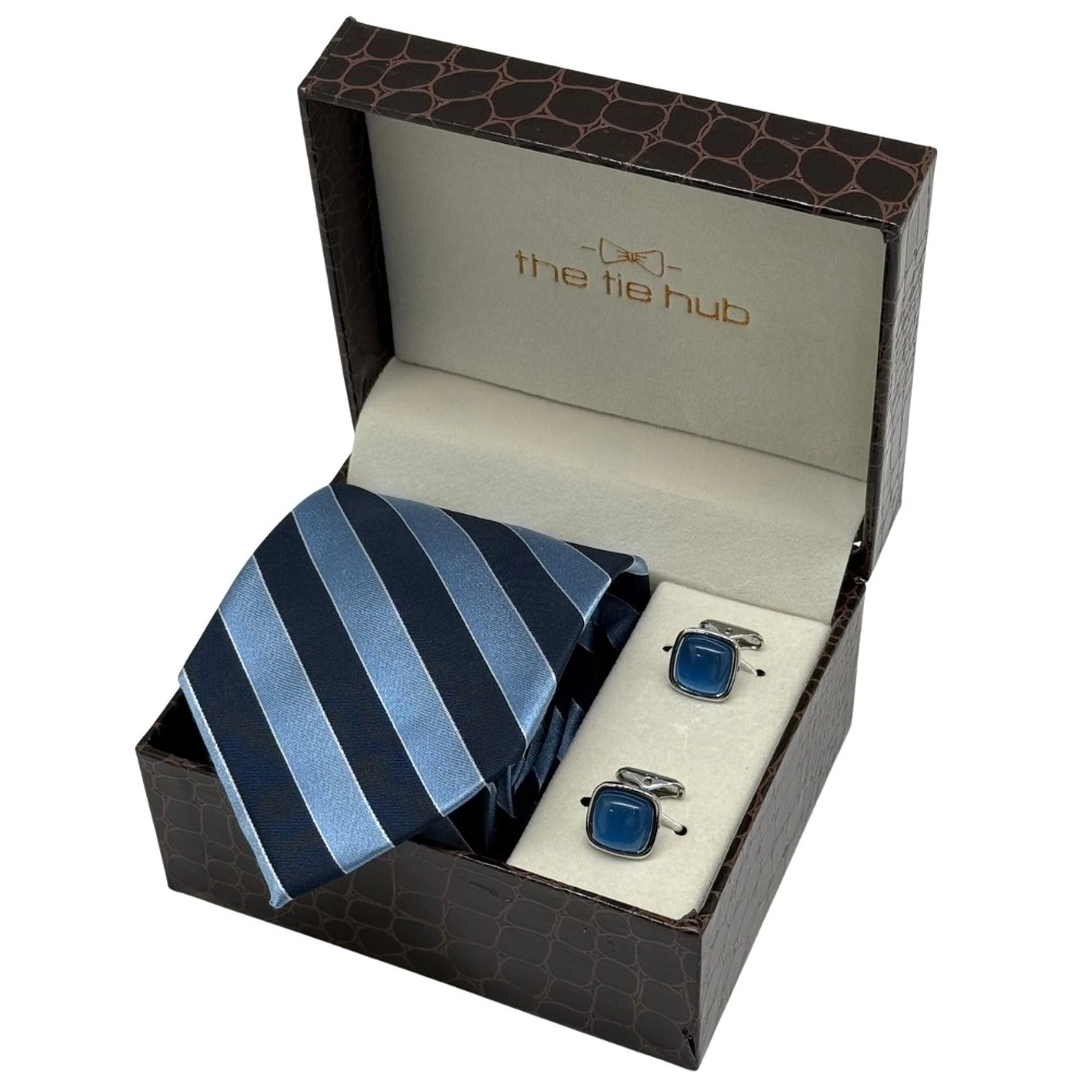 Navy Blue and Light Blue Silk Necktie with Blue Cufflinks Combo - Stripe Design for Men