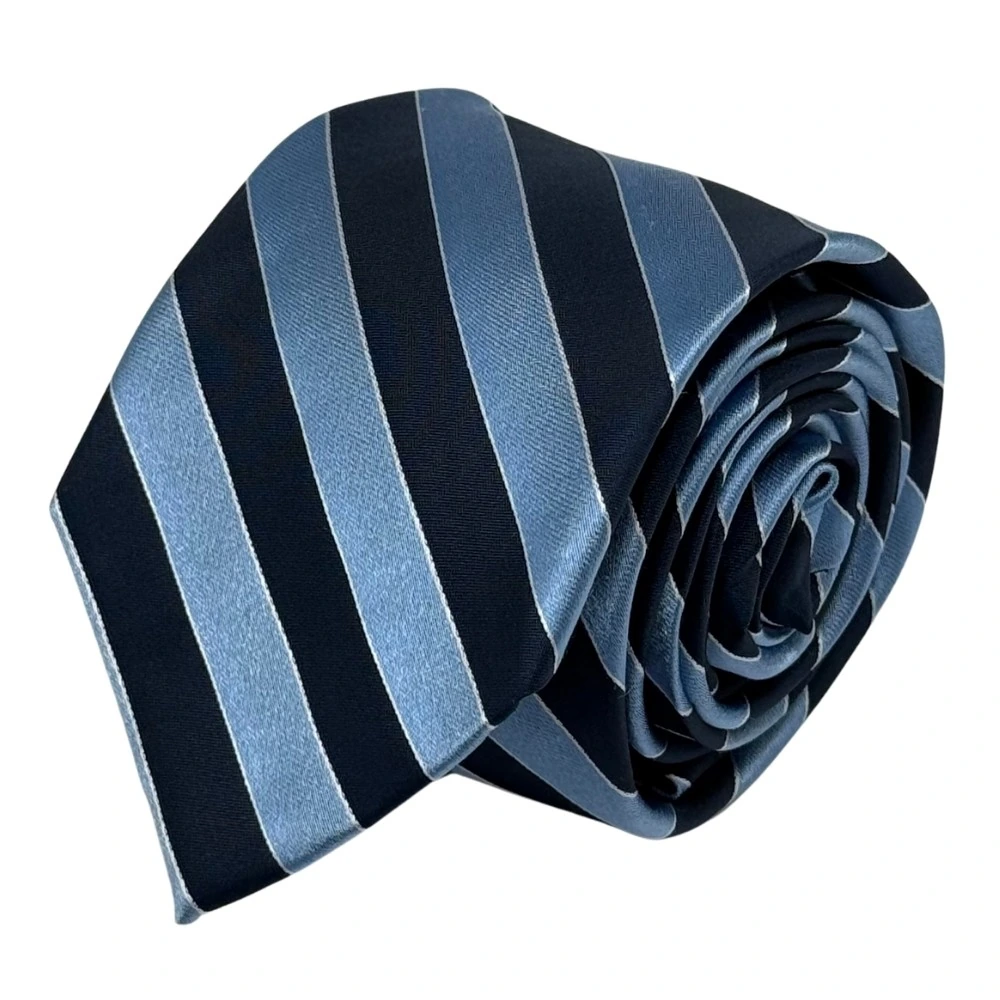 Navy Blue and Light Blue Silk Necktie with Blue Cufflinks Combo - Stripe Design for Men