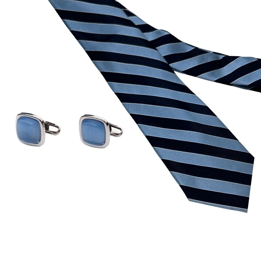 Navy Blue and Light Blue Silk Necktie with Blue Cufflinks Combo - Stripe Design for Men