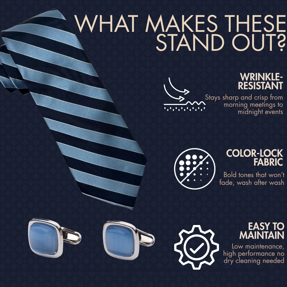 Navy Blue and Light Blue Silk Necktie with Blue Cufflinks Combo - Stripe Design for Men