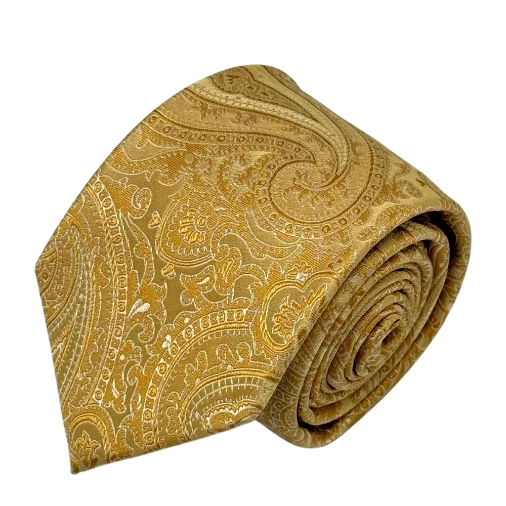 Gold Silk Paisley Necktie with Yellow Cufflinks Combo for Men
