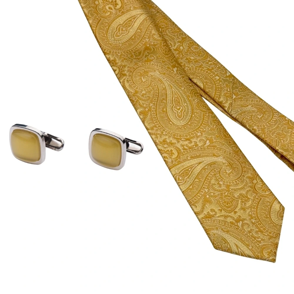 Gold Silk Paisley Necktie with Yellow Cufflinks Combo for Men