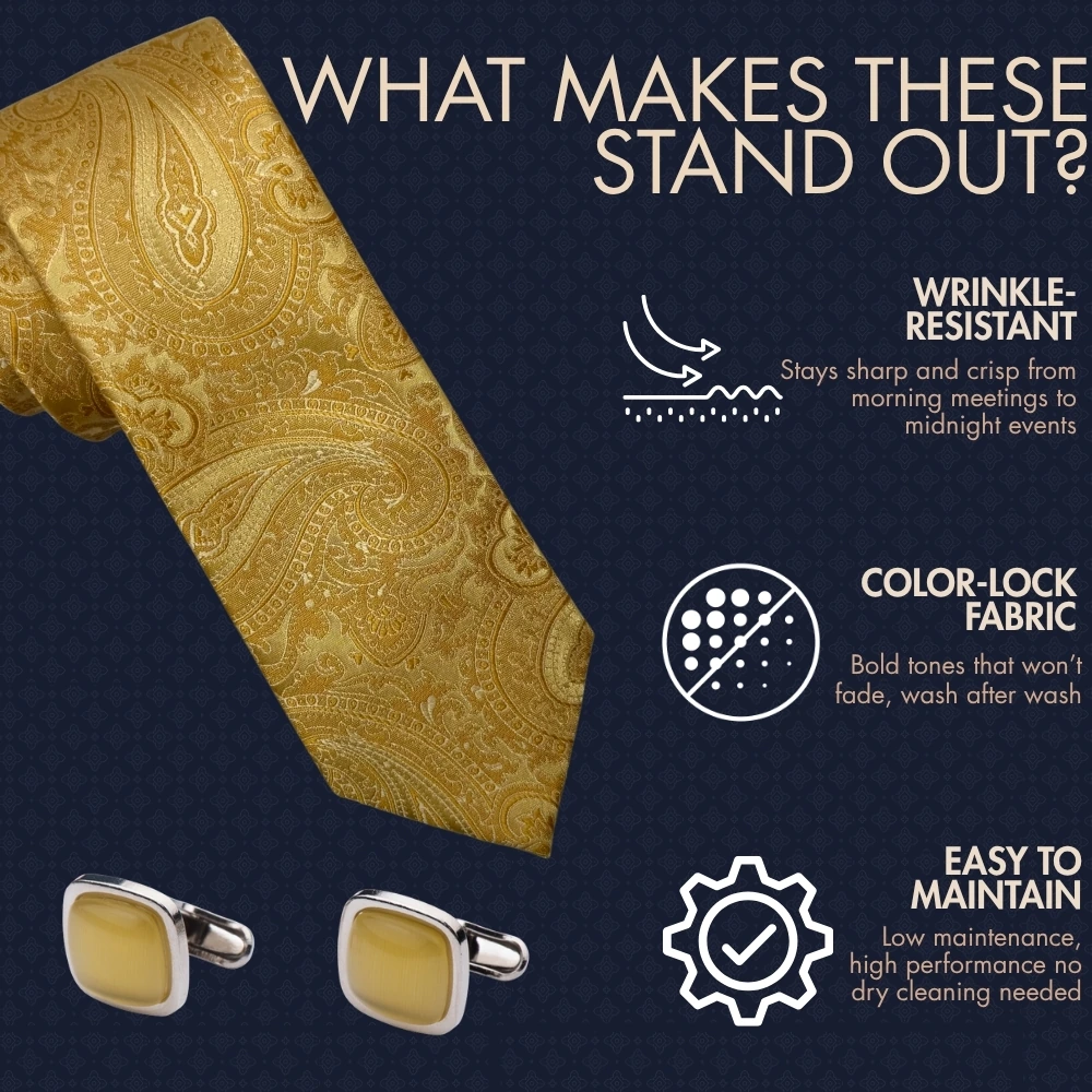 Gold Silk Paisley Necktie with Yellow Cufflinks Combo for Men