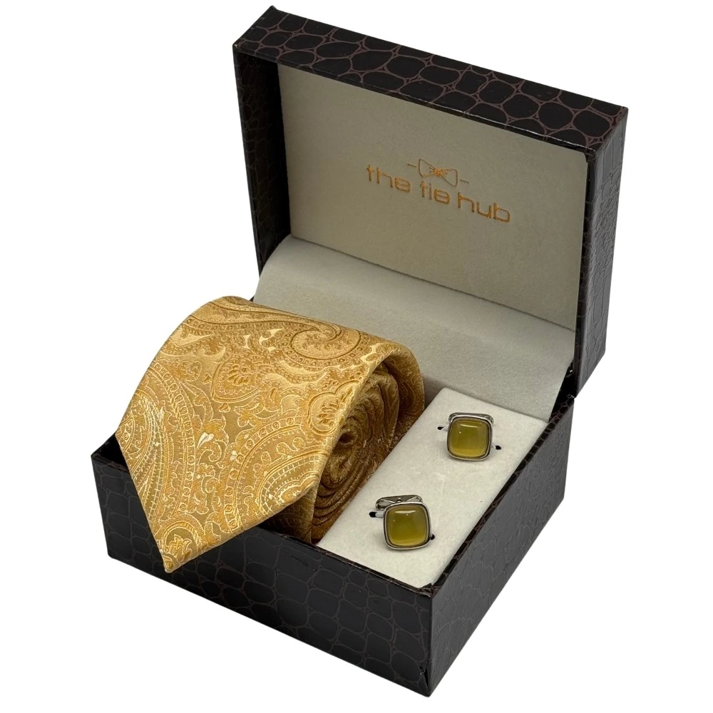 Gold Silk Paisley Necktie with Yellow Cufflinks Combo for Men