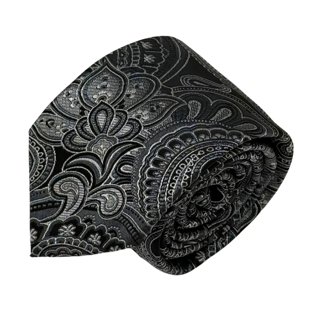 Black Silk Paisley Necktie with Black Cufflinks Combo for Men