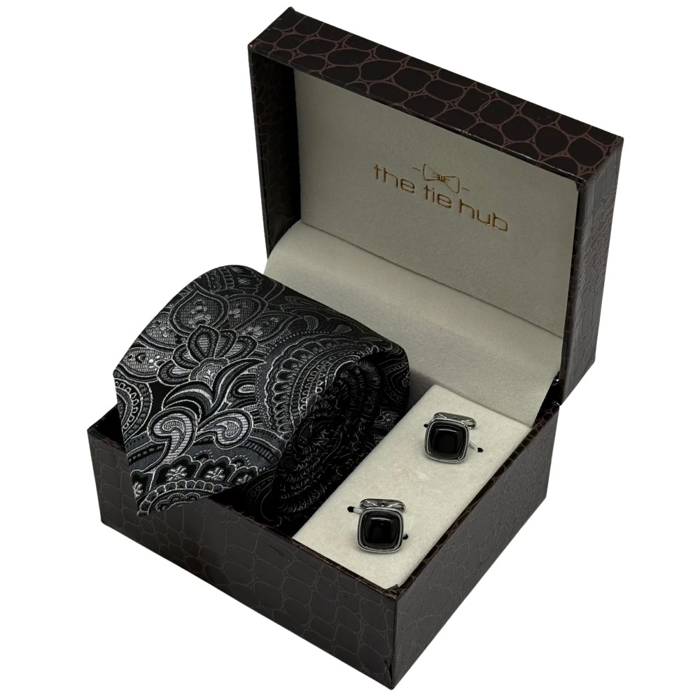 Black Silk Paisley Necktie with Black Cufflinks Combo for Men