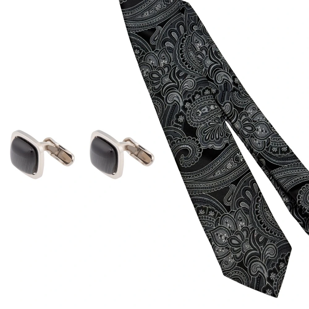 Black Silk Paisley Necktie with Black Cufflinks Combo for Men